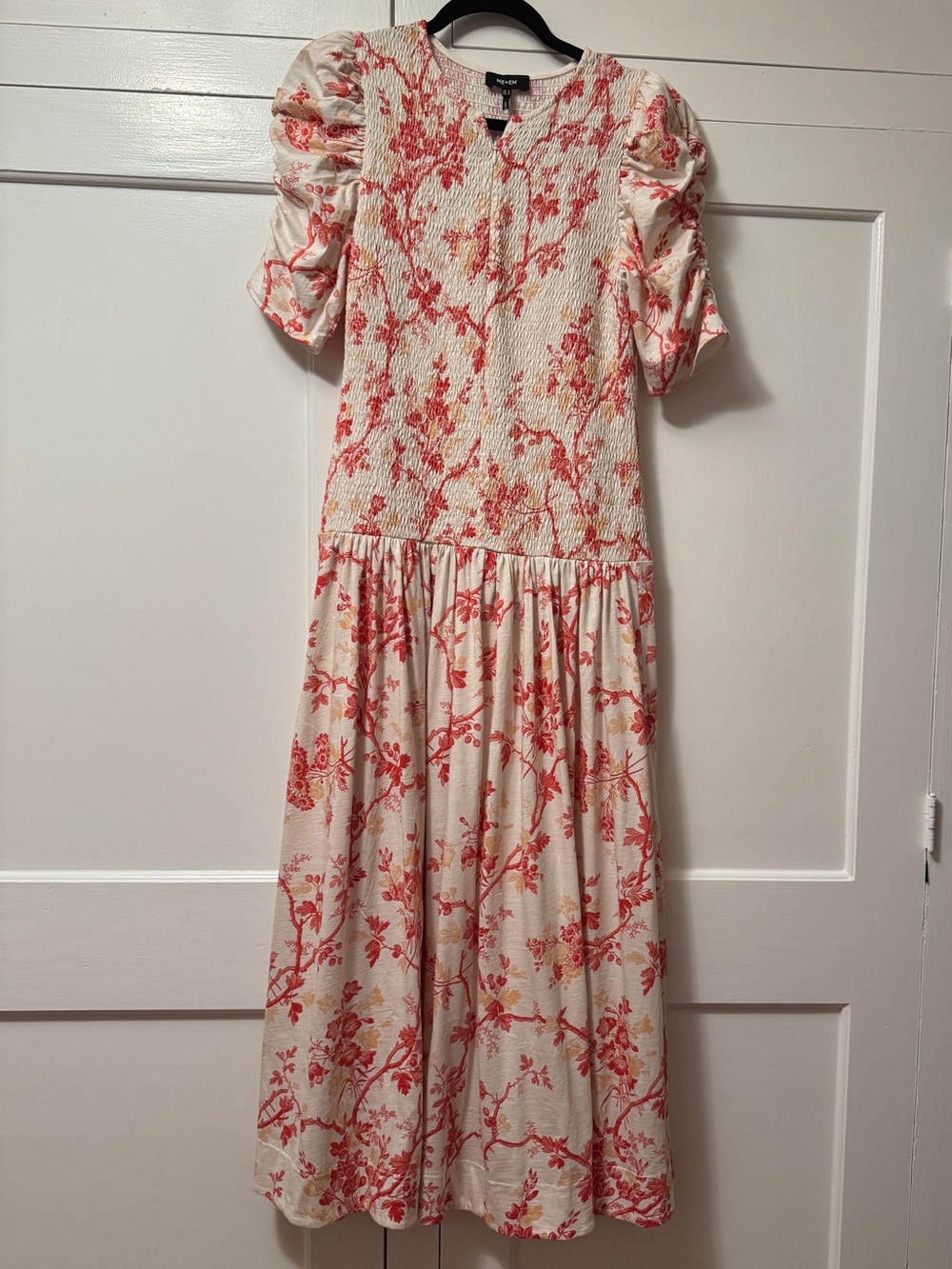 Smocked Midi Dress in Cream with Coral Floral Print